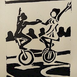 Einrad-Akrobatik, Linolschnitt, 2020