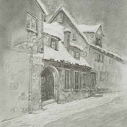 Nach einer Farbvorlage von Horst Rosemann "Alte Gasse im Schnee Rothenburg ob der Tauber"